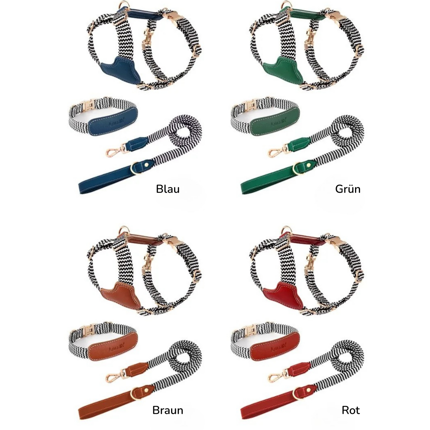 Gestreiftes Nylon-Leder Kombi-Set "ZicZac" - Leine, Halsband, Geschirr